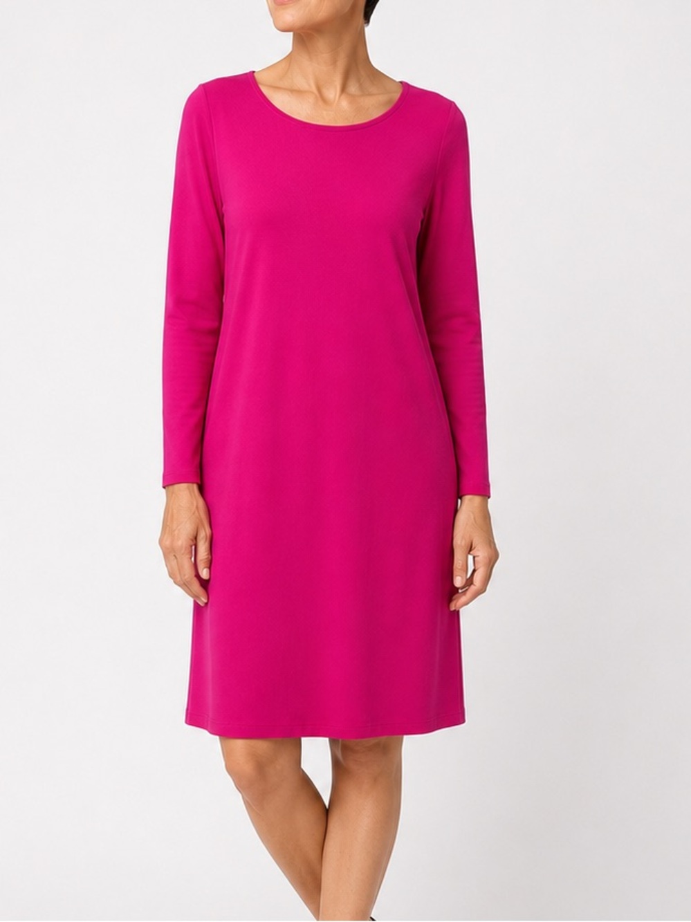 Eileen Fisher Viscose Jersey Dress, Fuchsia Long Sleeve Scoop Neck Dress, SP